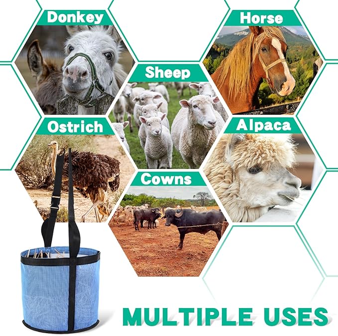 2 Pcs Horses Feed Horse Bag for Grain Hay Bags Heavy Duty Mesh Horse Feeder with Adjustable Strap Comfort Neck Pad Nose Pad and Waterproof Bottom Muzzle(Blue)-PawvioPets