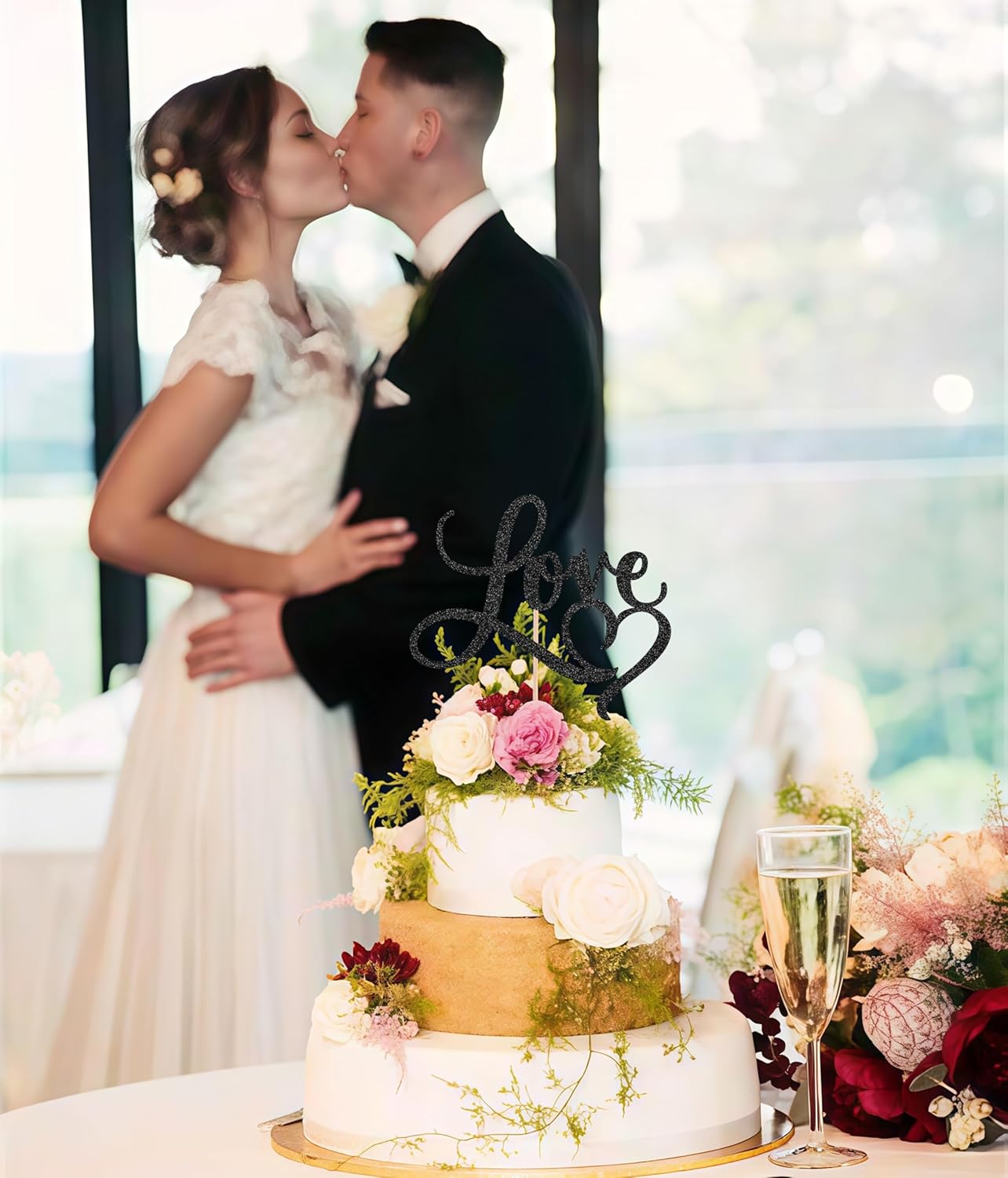 Love Cake Topper - Black Glitter Paper Wedding Cake Decoration Supplies, Perfect for Bridal Shower/Engagement/Anniversary/Birthday Party