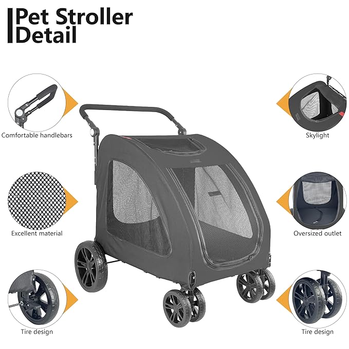 Extra Large Dog Stroller for Medium & Large Pets - Foldable Design, Adjustable Handle, Up to 130 lbs(Black)-PawvioPets