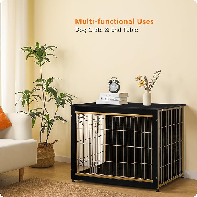 DWANTON Dog Crate Furniture with Cushion, Wooden Kennel Table with Double Doors, Indoor Dog House, Large Size, 38.5" L, Black+Gold-PawvioPets