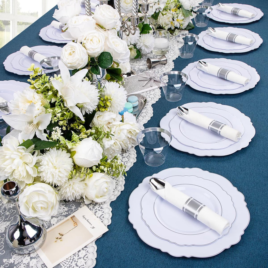 Liacere 350PCS Silver Plastic Plates-Disposable White and Silver Plates 50guest Baroque Plastic Dinnerware Set include 100Plates, 50Pack Pre Rolled Napkins with Silverware 50Cups Perfect for Chrismas