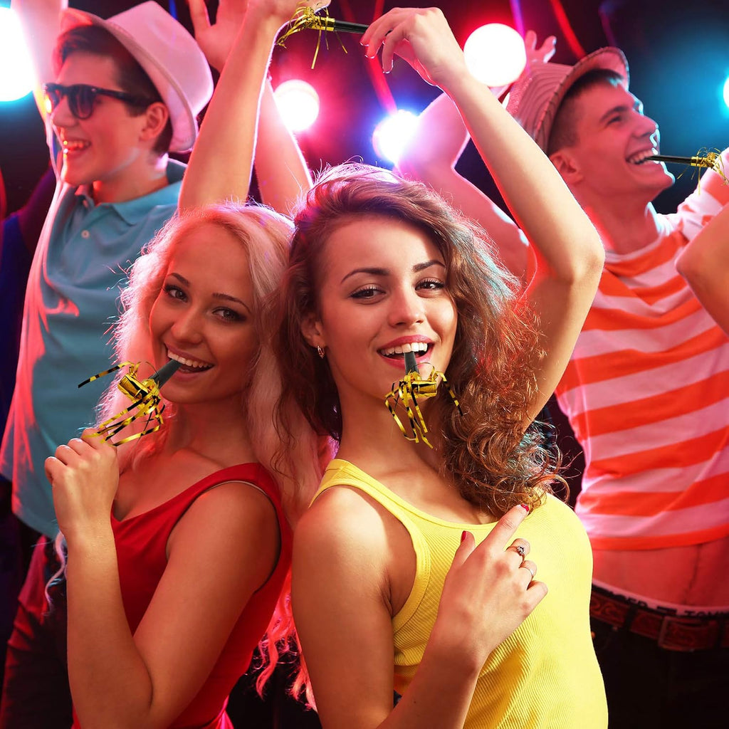 Skylety 18 Pcs Party Blower Noisemakers Party Squawkers Blowouts Whistles Fringed Noise Maker Musical Blowouts for Birthday Supplies(Black and Gold)