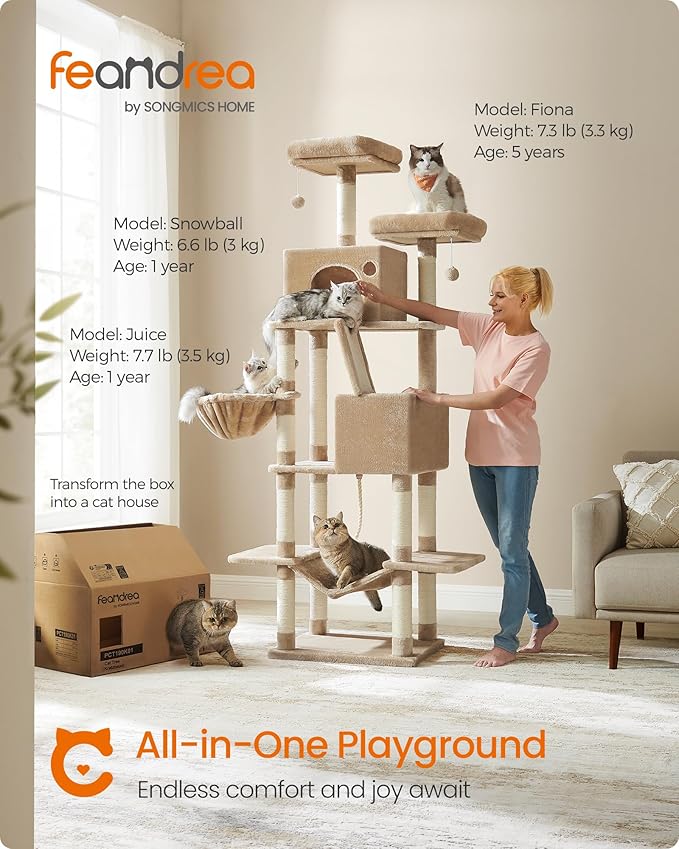 Feandrea Cat Tree, 81.1-Inch Large Cat Tower with 13 Scratching Posts, 2 Perches, 2 Caves, Basket, Hammock, Pompoms, Multi-Level Plush Cat Condo for Indoor Cats, Camel Brown UPCT190K01-PawvioPets