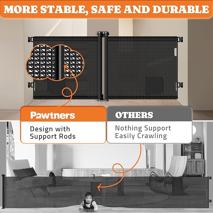 2-in-1 Retractable Baby Gates, 41" Tall Mesh Dog Gate with Cat Door 1-Pack, One Side Up to 71" Wide, Total 142" Wide, Long Retractable Pet Gate for Stairs Landing Indoor Outdoor-Black-PawvioPets