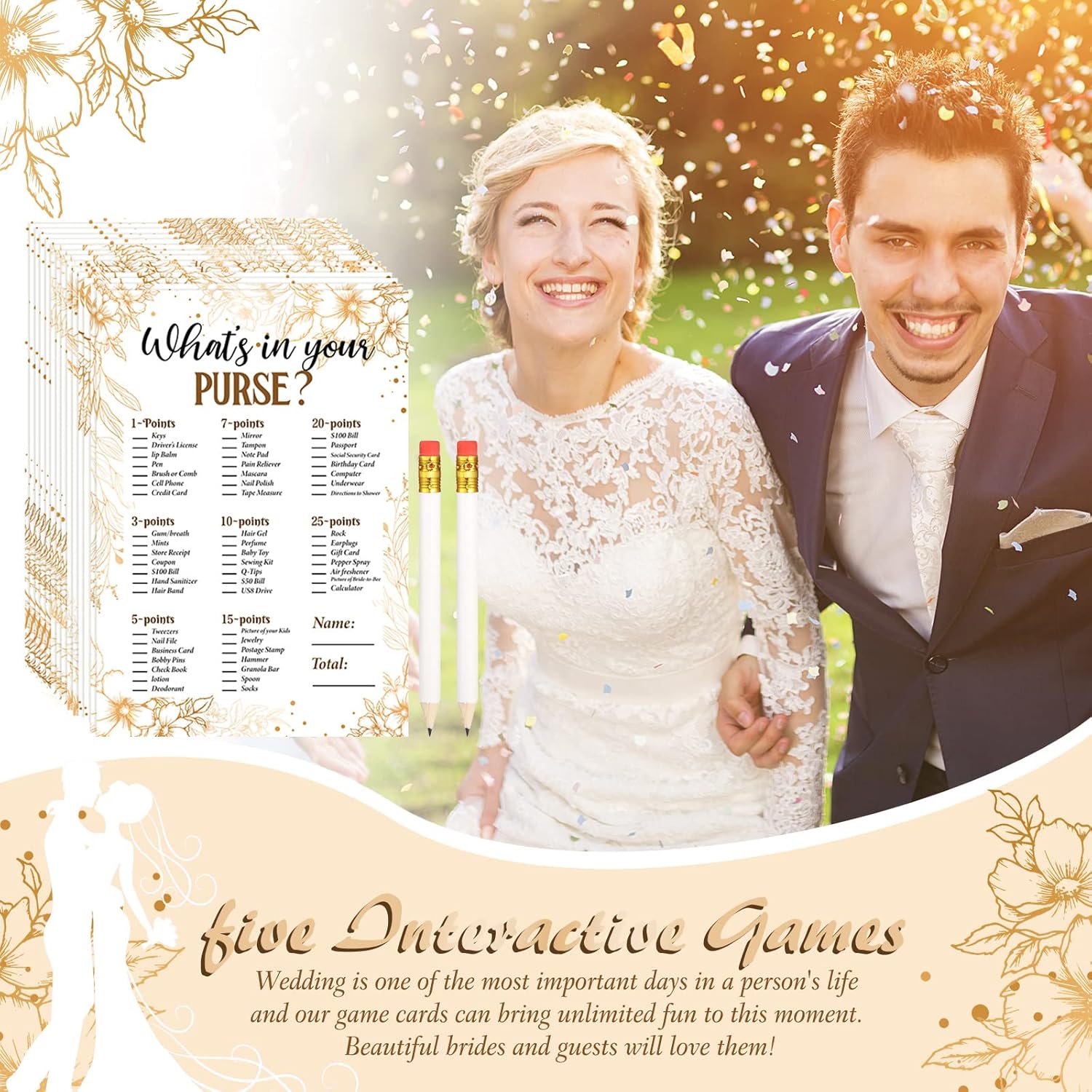 Teling 145 Pieces Bridal Shower Game Bridal Shower Favors Set Wedding Games Cards and Pencils for Bride Groom Bachelorette Party Wedding Party Favor(Golden Flower Style)