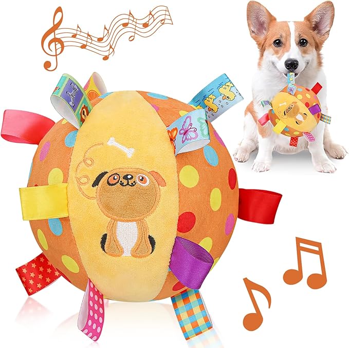 Dog Squeaky Plush Toy with Straps, 6-Inch Soft Stuffed Ball with Cotton Material and Bell Built-in, Pet Interactive Fetch Toy for Small to Large Dog-PawvioPets
