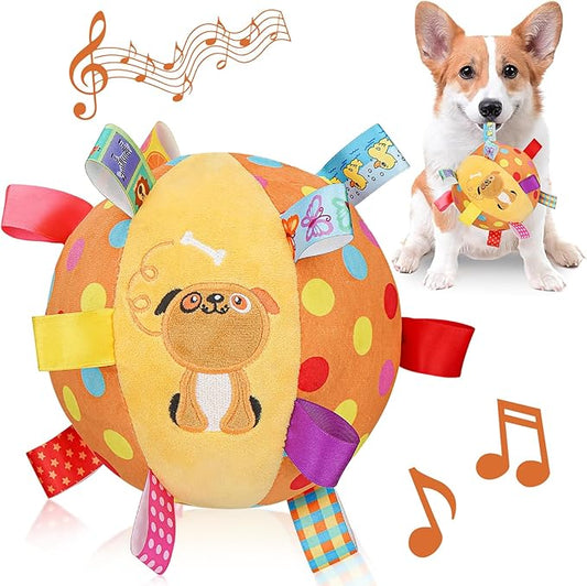 Dog Squeaky Plush Toy with Straps, 6-Inch Soft Stuffed Ball with Cotton Material and Bell Built-in, Pet Interactive Fetch Toy for Small to Large Dog-PawvioPets