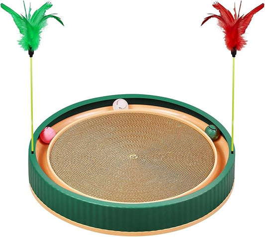 20-Inch Round Cat Scratcher with Ball Track – 3-in-1 Cardboard Scratching Pad with Feather Toy & Non-Slip Base – Interactive Cat Toy for Indoor Cats, Kittens & Large Cats (Green)-PawvioPets