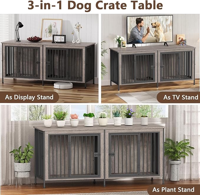 EasyCom 78 Inch Dog Cage Furniture for 2 Pets with Divider, XXL Wooden Double Dog Crate Furniture TV Stand for Mideum and Large Breed, Durable and Sturdy-PawvioPets