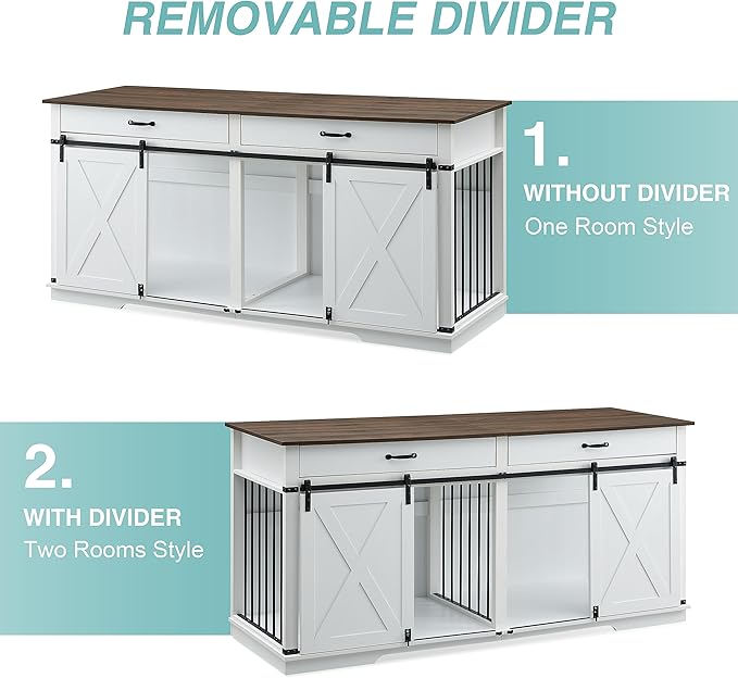 EDYO LIVING 72.5" Large Dog Crate Furniture for 2 Dogs, Wooden Dog Kennel with Drawers, Divider, Sliding Barn Door, Water Resistant Indoor Furniture Style Double Dog Crates, White-PawvioPets