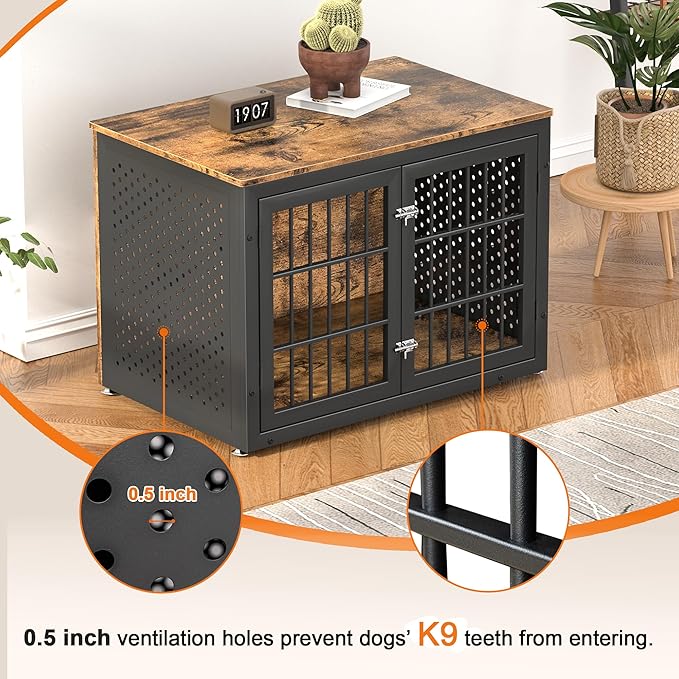 38" Heavy Duty Dog Crate Furniture for Large and Medium Dogs,Wooden Metal Kennel for High Anxiety Dogs, Chew Proof Pet Cage Indoor, Decorative Dog Kennel End Table-PawvioPets