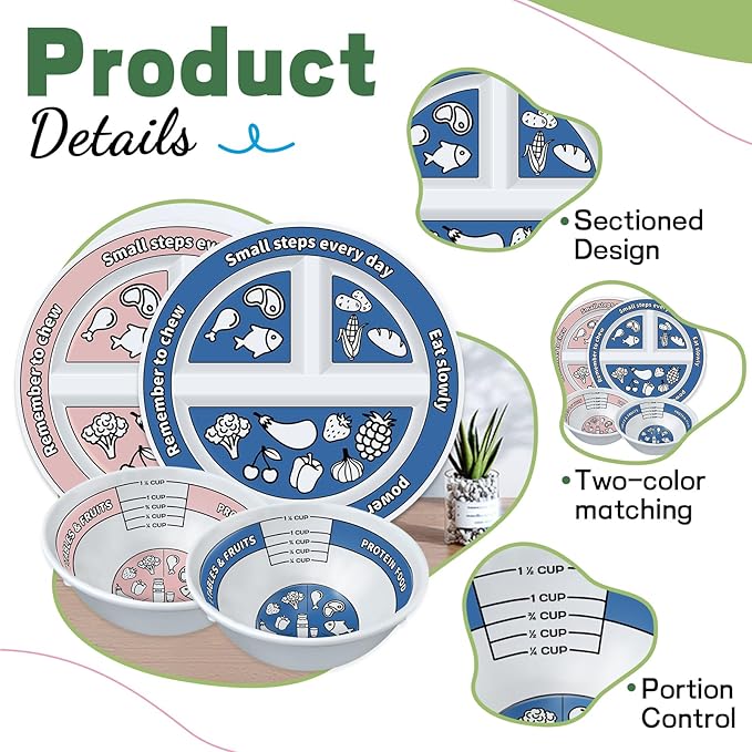4 Pcs Portion Control Plates & Bowls Set (2 Plates + 2 Bowls, 9 Inch) - Self-Measuring for Weight Loss, Gastric Bypass, LapBand, Diabetes & Healthy Diets, Pink & Blue, for Adults & Children-PawvioPets