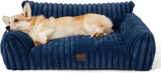 Bedsure Cute Dog Couch for Pets - Fluffy Dog Sofa with Premium Soft Corduroy Fleece, Pet Couch Bed with Washable Cover, Supportive Pet Sofa Bed for Medium Large Dogs, 36inch, Night Blue-PawvioPets