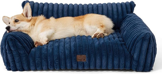 Bedsure Cute Dog Couch for Pets - Fluffy Dog Sofa with Premium Soft Corduroy Fleece, Pet Couch Bed with Washable Cover, Supportive Pet Sofa Bed for Medium Large Dogs, 36inch, Night Blue-PawvioPets