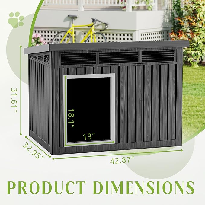 Dog House Indoor Outdoor,Resin Waterproof Puppy Shelter with Air Vents and Elevated Floor,Air Rod on Top to Open,Dog Kennel for Small to Large Dogs(Black,42.87 * 32.95 * 31.61)-PawvioPets