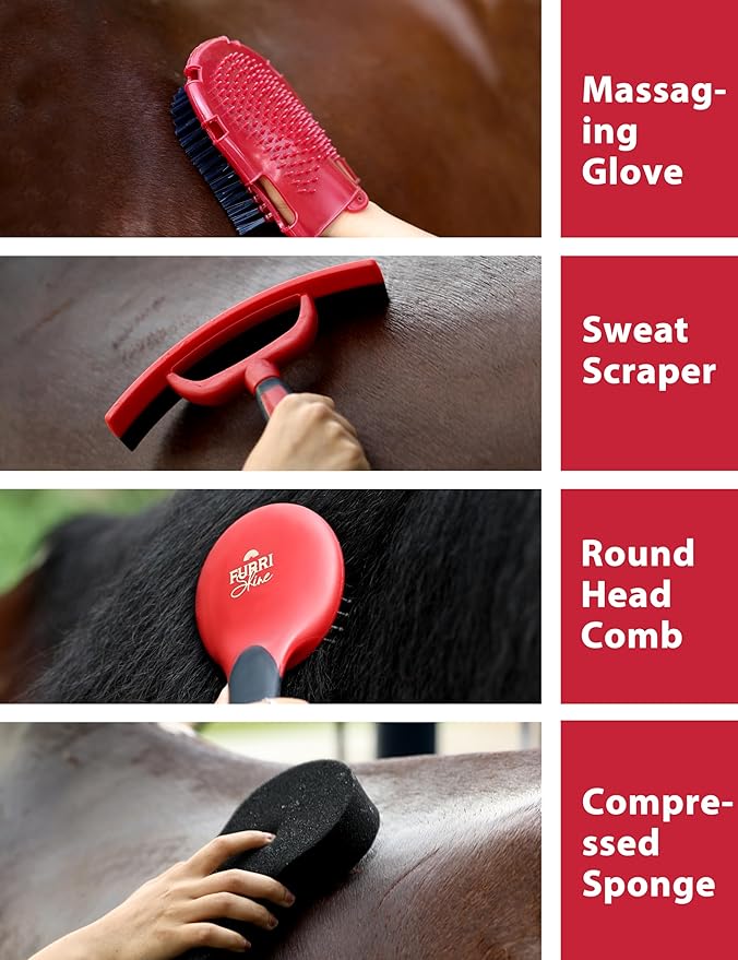 11PCS Horse Grooming Kit Curry Comb Sweat Scraper Horse Bathing Supplies Grooming Tools with Storage Bag Shadowberry-PawvioPets