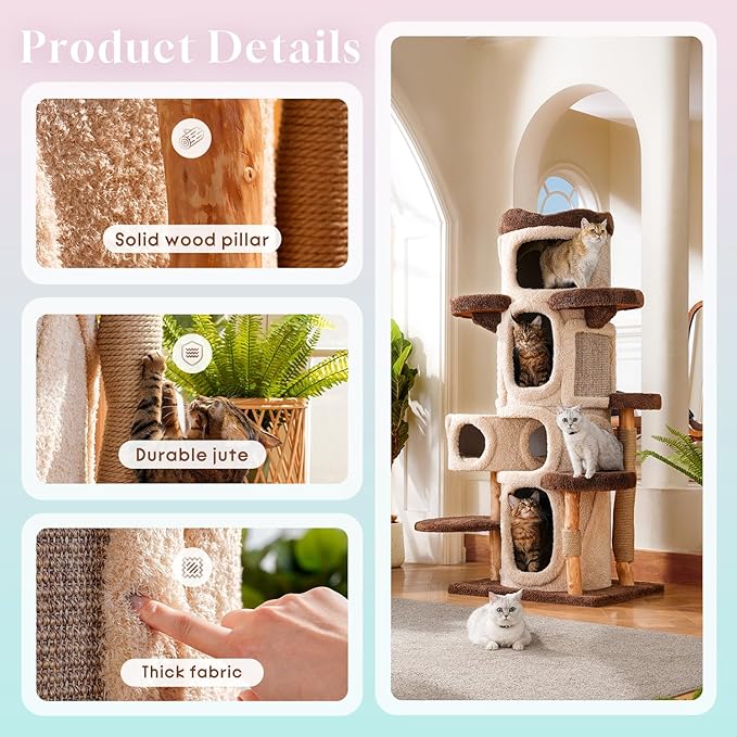 70" Heavy Duty Cat Tree for Large Cats with Toys, All-in-One Cat Tower with Cat Perch, Tall Cat Tower with Scratching Post, Brown Modern Cat House-PawvioPets