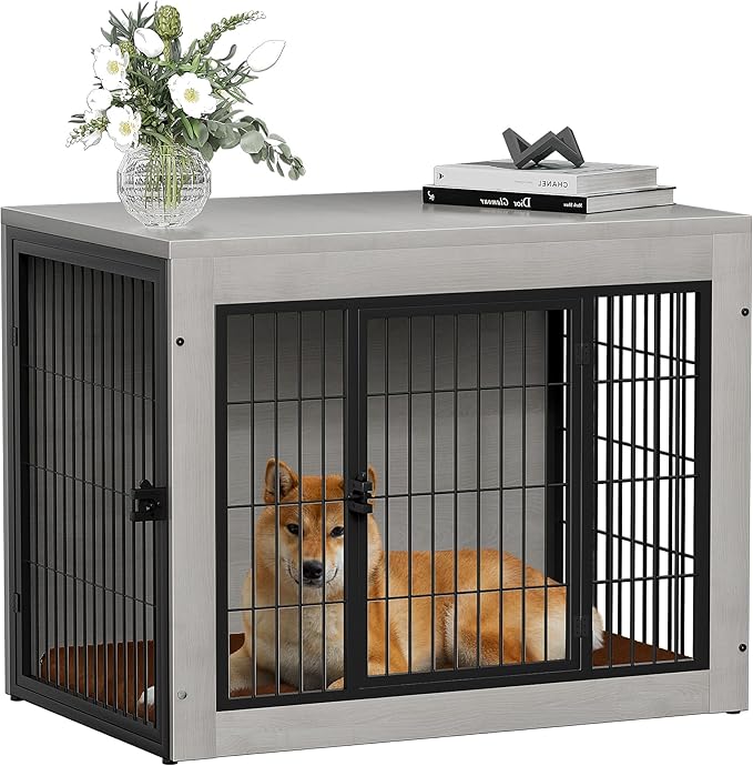 Bigrab Dog Crate Furinture with Thick Cushion, Side End Table Wooden Dog Cage with Double Doors, Chew-Resistant Dog Kennel Dog House Indoor for Small to Large Dog, M (Grey)-PawvioPets