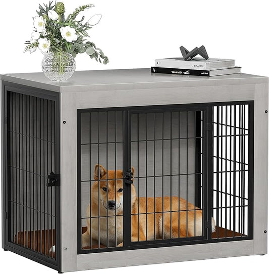Bigrab Dog Crate Furinture with Thick Cushion, Side End Table Wooden Dog Cage with Double Doors, Chew-Resistant Dog Kennel Dog House Indoor for Small to Large Dog, M (Grey)-PawvioPets