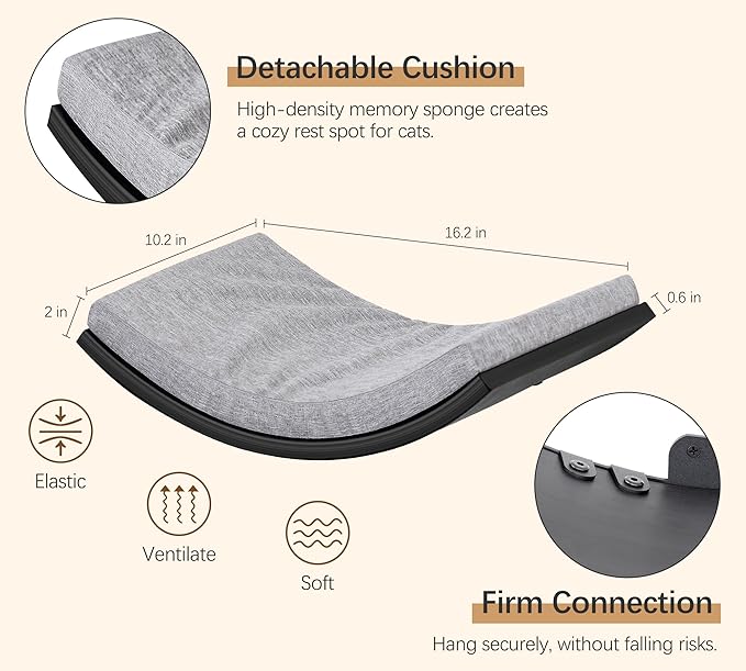Curved Cat Wall Hammock Bed with Grey Foam Cushion – Floating Cat Wall Shelf Nest for Climbing, Sleeping & Lounging-PawvioPets