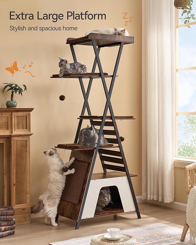 FourFurPets 72.4" Modern Cat Tower for Indoor Cats - Multi-Level Condo With Caves, Tall Tree With Scratching Board, Wooden Tower With Large Perch, Removable Pads, Rustic Brown-PawvioPets