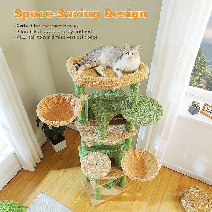 71.2" Large Cat Tree for Multi-Cat Households - 9-Level Cat Tower w/5 Sisal Scratching Posts, 2 Condos, Soft Hammock, Top Perch & Pom Poms - Heavy-Duty Space-Saving Design, Cactus Green-PawvioPets