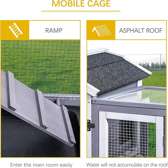 GEGURI Rabbit Hutch Indoor Rabbit Cage Outdoor, Wooden Bunny Cages for Guinea Pig with Wheels, Removable Tray, Ramp-PawvioPets