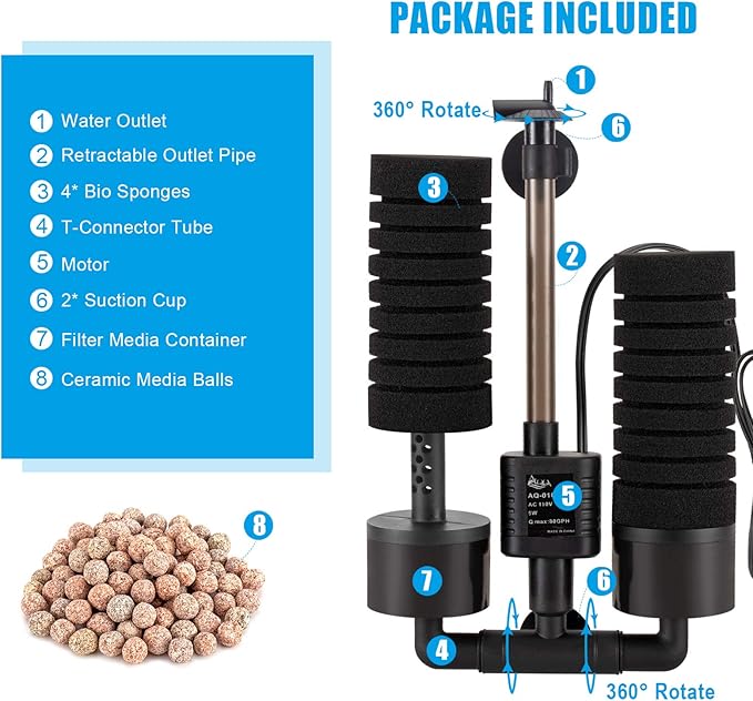 AQQA Aquarium Sponge Water Filter, Power Driven Double Biochemical Filter, Quiet Submersible Foam Filter with 2 Extra Sponges, 1 Bag of Filtered Ceramic Balls for Fresh and Salt Water Fish Tank (L)-PawvioPets