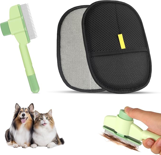 Flea Comb and Pet Hair Removal Glove for Cats & Dogs Brush for Shedding Pet Hair Removal Comb with Long & Short Stainless Steel Teeth for Deshedding & Clothing/Couch/Furniture/Carpet/Car Seat-PawvioPets