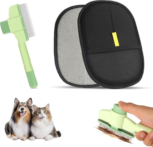 Flea Comb and Pet Hair Removal Glove for Cats & Dogs Brush for Shedding Pet Hair Removal Comb with Long & Short Stainless Steel Teeth for Deshedding & Clothing/Couch/Furniture/Carpet/Car Seat-PawvioPets
