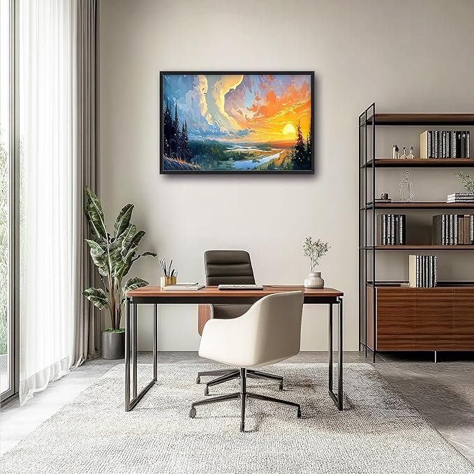 Framed Large Sunrise Wall Art for Living Room, Oversized Sunrise Wall Decor Forest Lake Landscape Canvas Print Natural Picture Home Decoration for Bedroom Living Room Office 36"x24"-PawvioPets