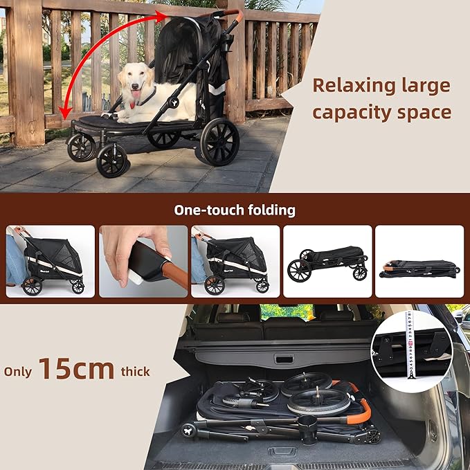 Dog Stroller for Large Dogs One-Click Folding 4 Wheel Foldable Dog Stroller for 2 Dogs with Storage Pocket Suitable for Pets Up to 110LBS (Black, Large)-PawvioPets