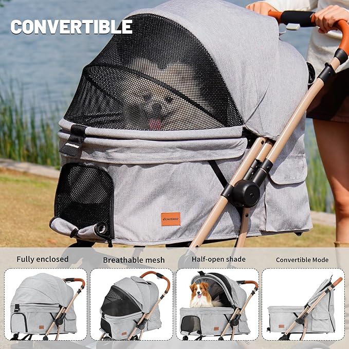 EchoSmile Small Medium Dogs Stroller 4-Wheel Pet Strollers for Medium Dogs Up to 50lbs, One Click Folding Large Cat Stroller, Reversible Handle, Shock Absorbing Wheels, Removable Washable Pad-PawvioPets