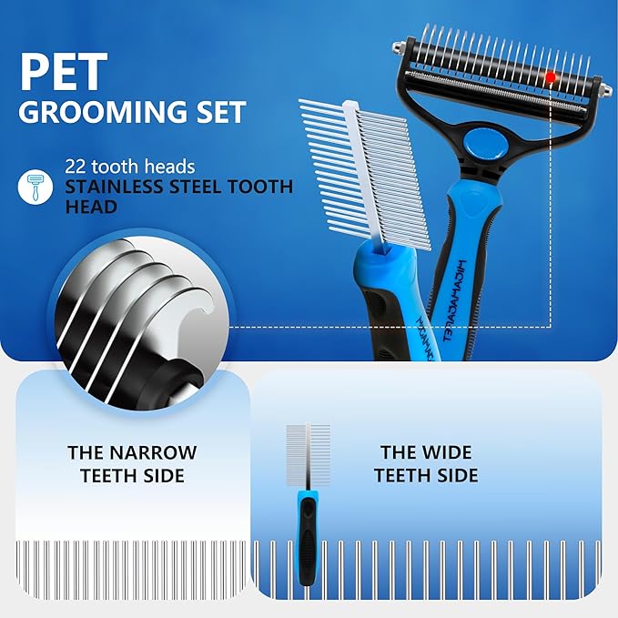 2-in-1 Shedding Brush and Detangling Comb Combo,Stripping Brush for Medium and Large Dogs, Dog and Cat Grooming Comb, 22 Stainless Steel Teeth Remove Tangled Hair, Pet Grooming Tools-large-PawvioPets