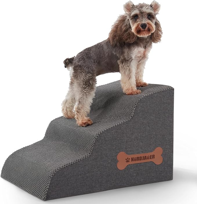 Dog Stairs 3-Step for Small Dogs and Cats to Get on Bed and Furniture/Windows, Pets Can Climb, Sit, or Perch to Look Out Windows, Extra Wide Dog Steps, Non-Slip Waterproof Fabric Cover, Grey（15.7" H）-PawvioPets