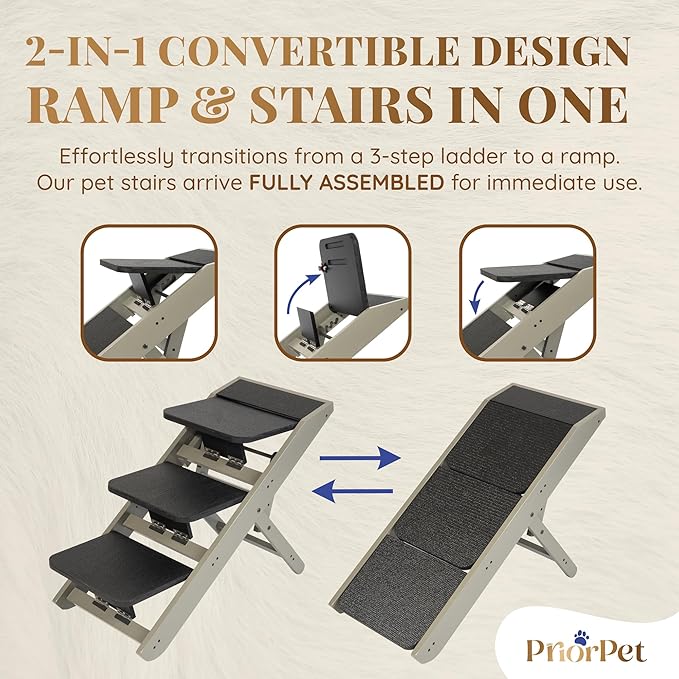 Dog Steps for Bed & Couch 2-in-1 Dog Stairs/Ramp - Height Adjustable Dog Ramp for Couch 7” - 20” - Pet Stairs, Dog Stairs for Small Dogs - Easy to Move Pet Steps with Landing Platform, Gray-PawvioPets