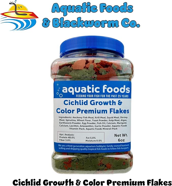 Aquatic Foods Inc. Premium Cichlid Growth and Color Enhancing Flakes with Spirulina, Color Enhancing Astaxanthin Also Pellet Mix, Wafer Mix Included…6oz-PawvioPets