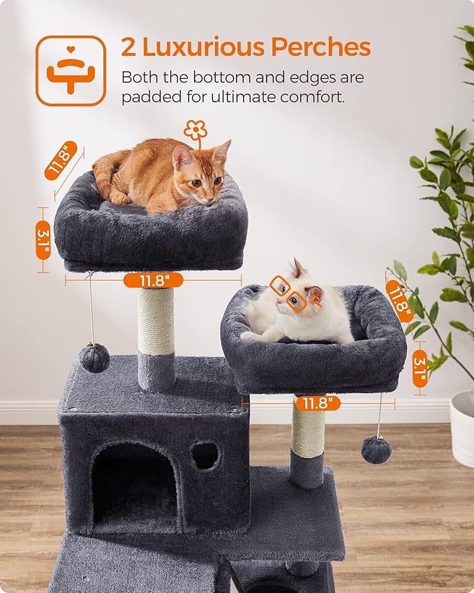Feandrea Cat Tree, 66.1-Inch Large Cat Tower with 13 Scratching Posts, 2 Perches, 2 Caves, Basket, Hammock, Pompoms, Multi-Level Plush Cat Condo for Indoor Cats, Smoky Gray UPCT165G01-PawvioPets