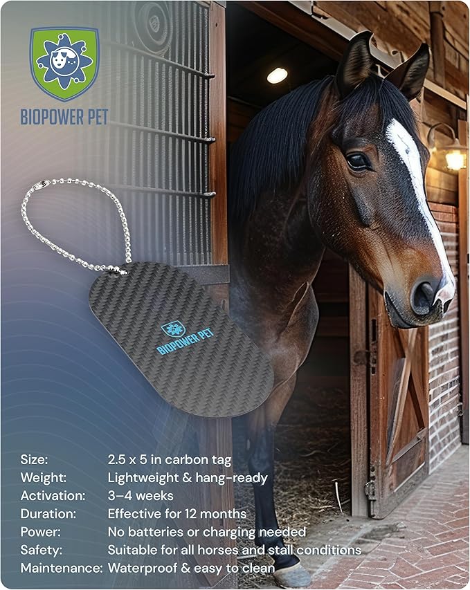 BioPower Natural Fly & Tick Repellent for Horses - Horse Shield and Stall Tags with 1-Year Bioresonance Protection – Chemical-Free, Waterproof Carbon Tag Clips to Halter – Holistic & Safe Pest Defense-PawvioPets