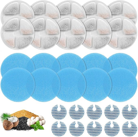 10 Set Cat Water Fountain Filters for 2L/67oz Round Stainless Steel Pet Water Fountain, ZEKIRY Pet Water Fountain Filters, Triple Filtration Replacement Filters(10 Filter, 10 Sponge, 10 8D Sponge)-PawvioPets