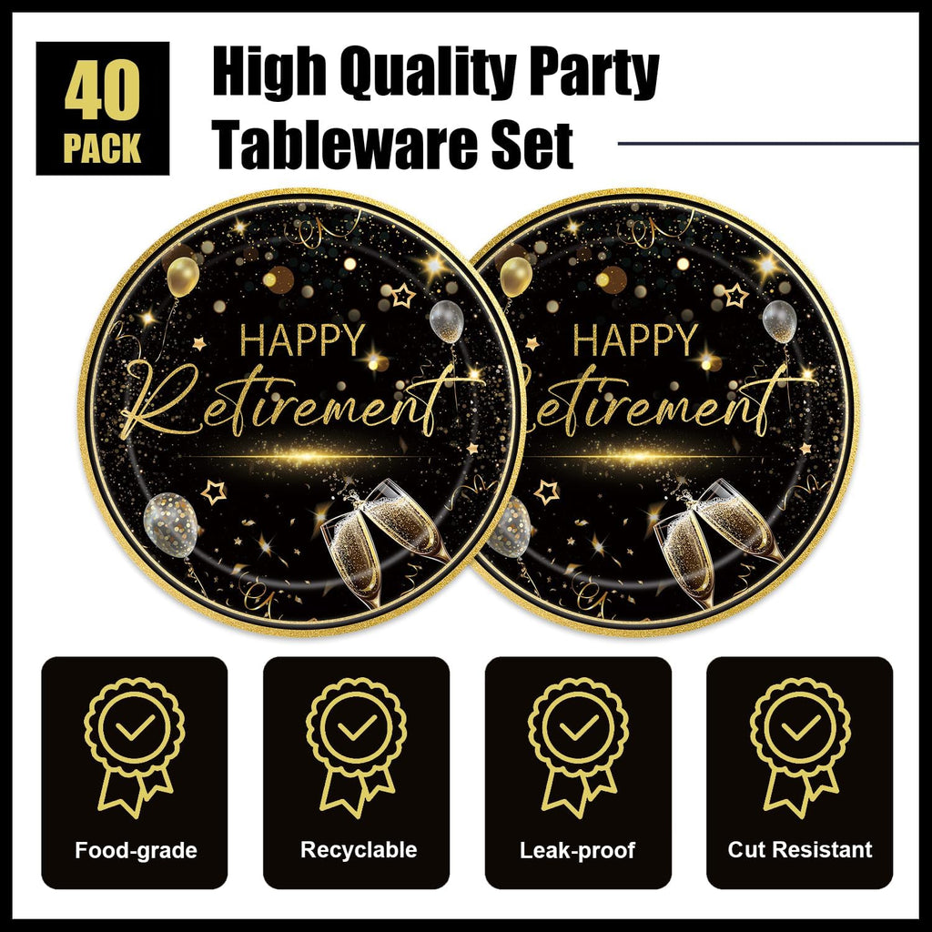 40pcs Happy Retirement Party Supplies Decorations Set, Black Gold Happy Retirement Plates and Napkins for Men and Women, Suitable for 20 Guests