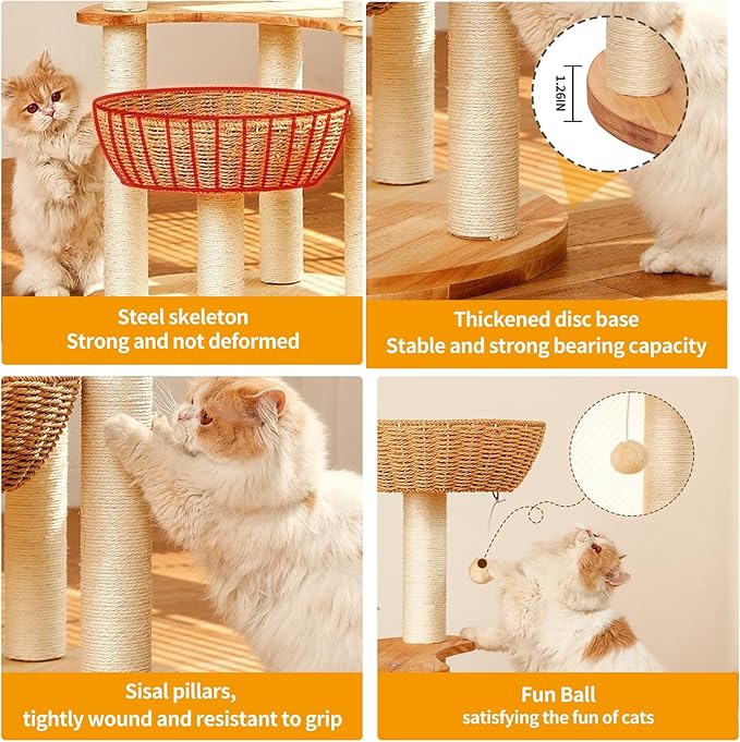 54" Modern Cat Tree Tower for Indoor Cats, Oak Cat Scratching Tree for Multiple Large Cats, Manual Hand Woven Luxury Cat Condo, Unique High-end Design Cat Furniture Activity Centre, Easy Clean-PawvioPets