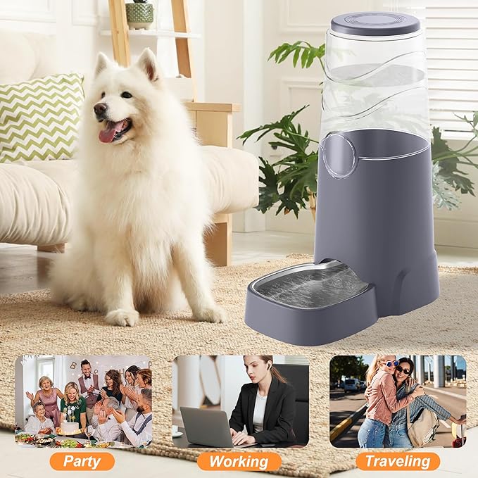 8L Automatic Pet Waterer,Gravity Stainless Steel Water Feeder,Gravity Pet Water Dispenser,Large Capacity Waterer with Stainless Steel Bowl for Medium and Large-Sized Cats and Dogs(8L,Grey)-PawvioPets