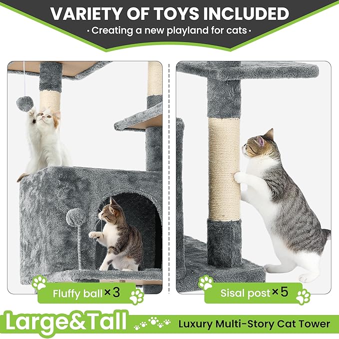 69in Large Cat Tree Tower for Indoor Cats with Soft Plush Hang Ball, Two Condos, Sisal Scratch Posts & Rope Play for Kittens/Adult Cats, Grey-PawvioPets