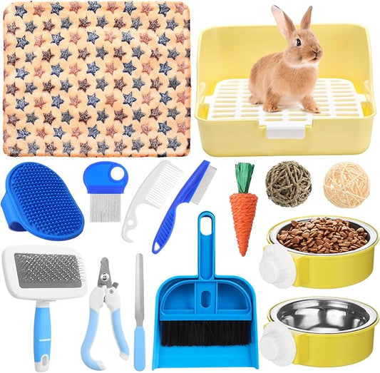 15 Pcs Rabbit Starter Kit Small Rabbit Litter Box Animal Grooming Kit Bunny Toys Bowl Blankets with Cleaning Set for Guinea Pig Accessories(Blue)-PawvioPets