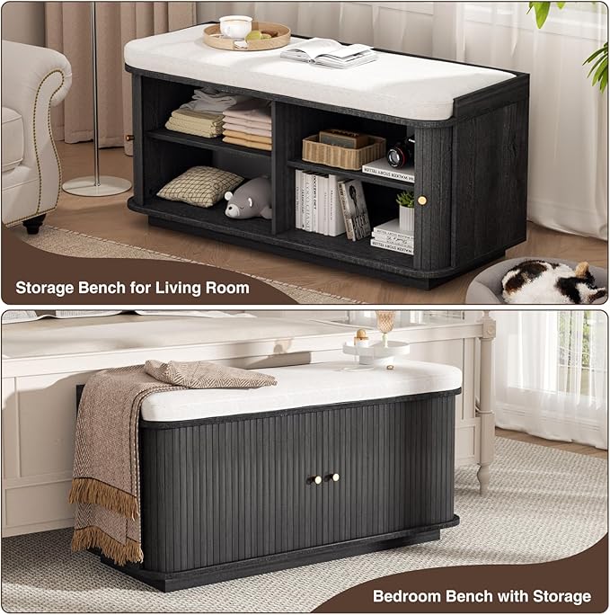 Dark Grey 39.4" W 2-Tier Shoe Bench with Storage | Entryway Bench with Padded Cushion, Sliding Doors & 5 Hooks-PawvioPets