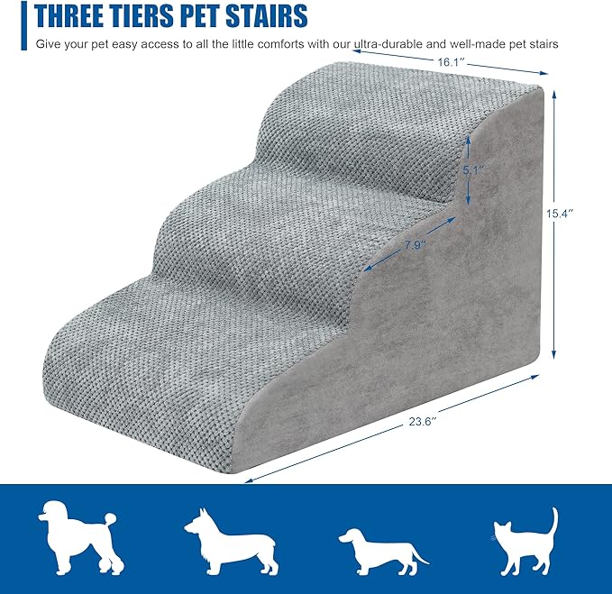 Dog Stairs for Small Dogs - High Density Foam Dog Ramp, Extra Wide Pet Steps with Non-Slip Bottom for High Beds, Couche and Sofa, Best for Dogs Injured, Older Doggy Cats (Grey, 3 Steps)-PawvioPets