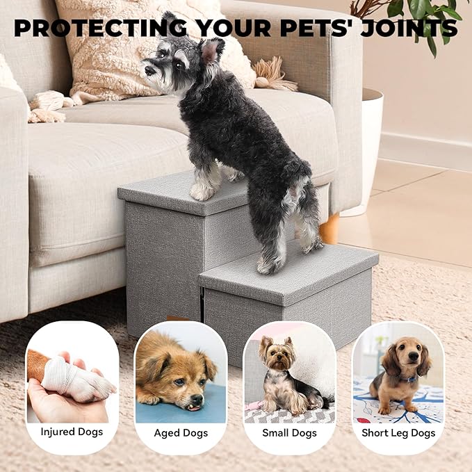 Dog Stairs with Storage 12" H, 2-Step Wider Dog Steps for Dogs Cats, Folding Sturdy Pet Stairs Climbing Sofa Couch, Ramp for Car Hold Up to 150 lbs (Gray, No Condo)-PawvioPets