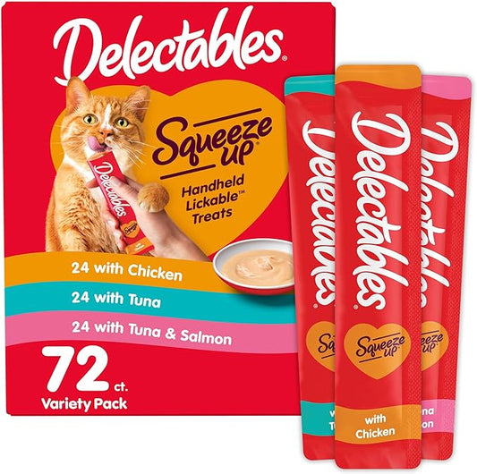 Delectables Squeeze Up Variety Pack, Creamy Squeezable Puree, Lickable Wet Cat Treats, Grain Free, No Added Fillers, No by-Products, No Added Preservatives, 0.5 Ounces Tube, 72 Tubes Total-PawvioPets
