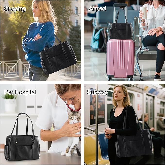 Fashion Dog Carrier Purse, Premium Leather Cat Carrier Bag, Airline Approved Soft Sided Pet Travel Tote Bag with Pockets Black-PawvioPets